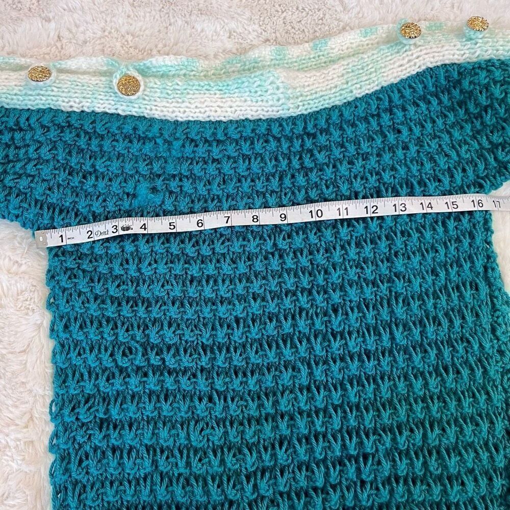 Handmade Stretch Chunky Knit Dropped Sleeve Top Teal White Size Small - Picture 6 of 11
